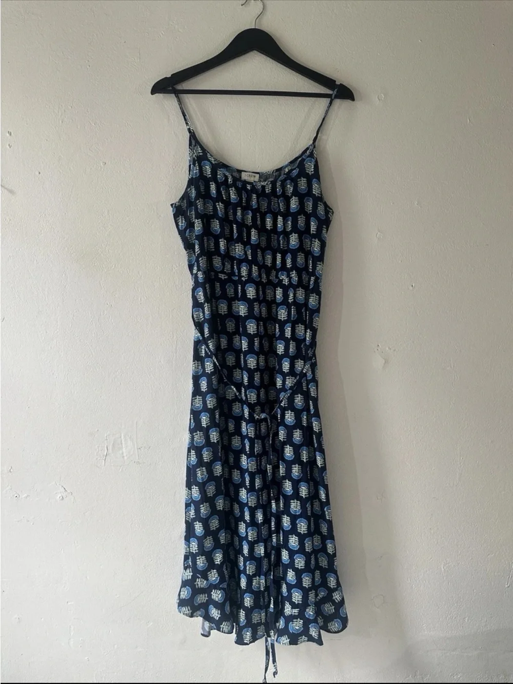 J.Crew Dress Women’s 12 Blue Leaf Print Sleeveless Tie Waist Midi Viscose